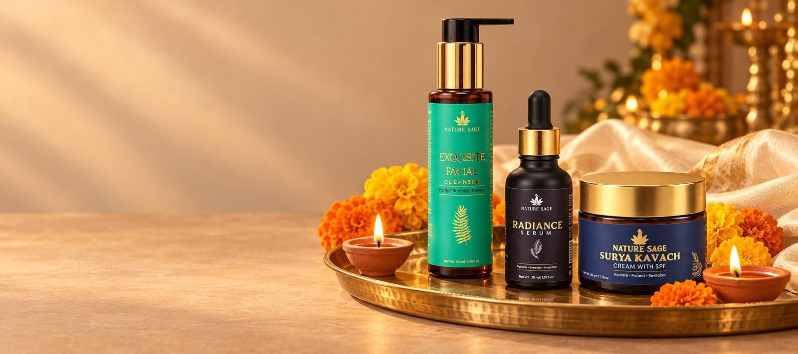 Nature Sage products on a brass tray with diyas and marigolds