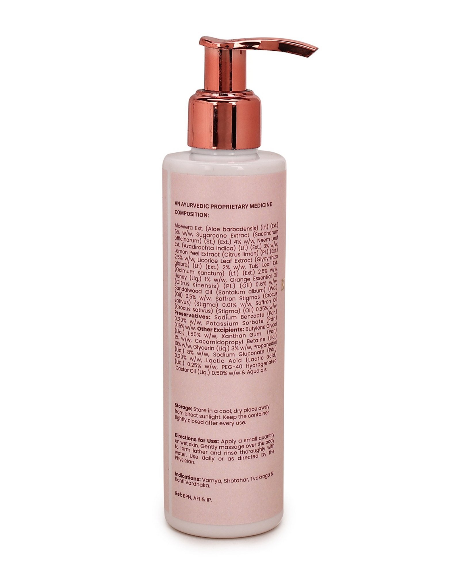 Back label of Nature Sage Kesar Snaan Body Wash showing composition and directions